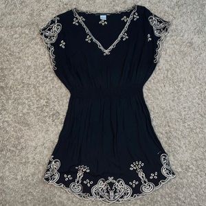 Anthropologie Ellison top black embroidered cream viscose short sleeve